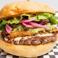 Poblano Burger · Certified Angus beef, fried poblano chile, freshly sliced pepper jack cheese, lettuce, pickl...