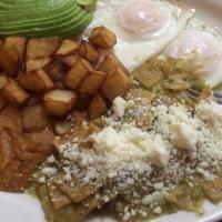 Chilaquiles Verdes · Diced com tortilla in green sauce topped with queso fresco.