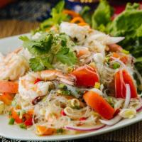 Shrimp Noodle Salad · Glass noodles tossed with shrimp, red and green onions, tomato, red and green bell peppers. ...