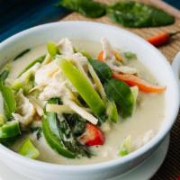 Green Curry · Green curry sauce, simmered with coconut milk, bamboo shoots, red and green bell peppers, an...