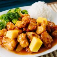 Mango Stir-Fry · Deep-fried choice of meat tossed with homemade mango sauce and topped with fresh mango. Serv...