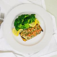 Grilled Salmon · Grilled fillets of salmon with capers and diced tomatoes in a beurre blanc sauce.