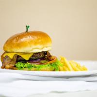 Bacon Cheeseburger · A hearty portion of beef grilled and served with lettuce, tomato, red onions, and pickles.