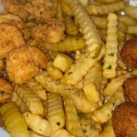 Fried Shrimp Basket · Fried shrimp hushpuppies and french fries