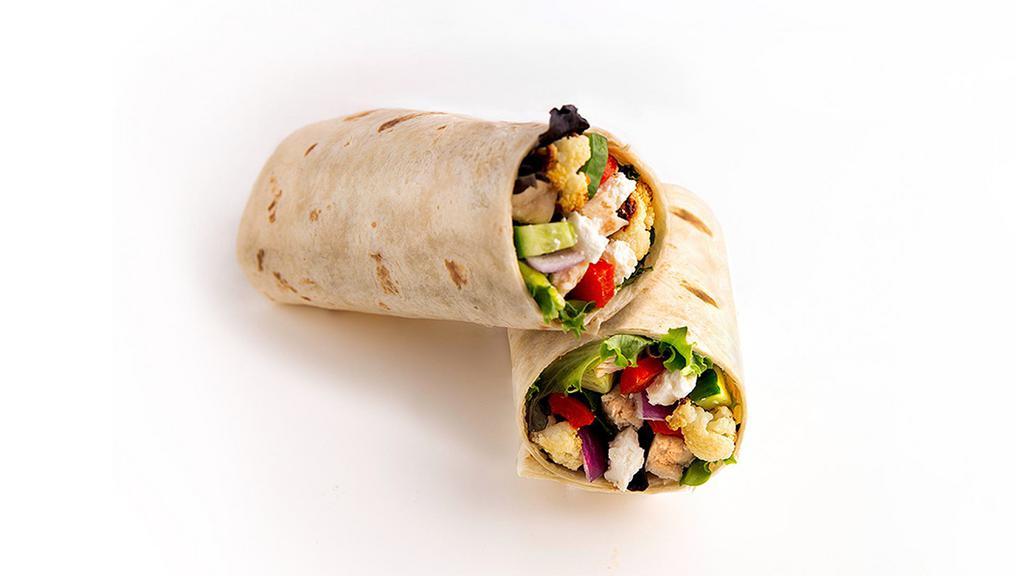 Grilled Chicken Mediterranean Wrap · This Mediterranean-inspired Signature wrap comes in a flour tortilla features a recommended base of our Spring Mix. It is served with Grilled Chicken, Roasted Broccoli, Diced Red Onions, Feta Cheese, Sliced Cucumbers, Roasted Red Peppers. We recommend our Housemade Lemon Olive Oil Vinaigrette dressing.