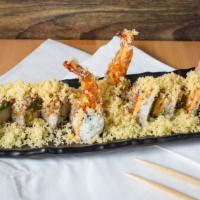 Super Crunchy Roll · Shrimp tempura, spicy snow crab, crunchy with pink soy paper with spicy mayo eel sauce.