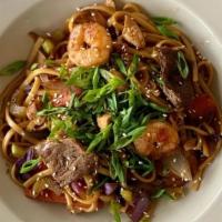 J'S Lo Mein · beef, chicken, shrimp, onions, carrots, celery and cabbage in a sweet soy