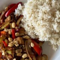 Kung Pao Chicken · whole chilies, bell peppers, onion, celery in a spicy soy vinegar sauce, peanuts