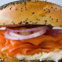 Norwegian Salmon Bagel Sandwich · -Bagels Sandwiches are cooked hot as you order. Comes with fresh cream cheese, onion and Nor...