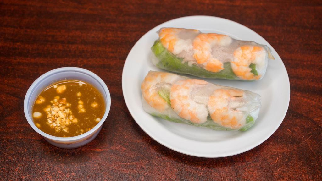Spring Rolls (Gluten-Free) (Gỏi Cuốn) · Two Steamed pork, shrimp, vermicelli noodles, basils, and bean sprouts wrapped in rice paper. Comes with two rolls and served with peanut sauce. Available with substitution of shrimp, grilled pork, chicken or tofu for an additional charge.