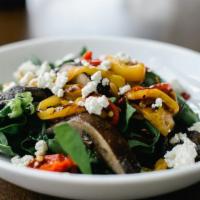 Warm Spinach · Roasted Peppers, Portobellos, Goat Cheese, Balsamic.