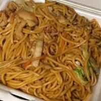 Lo Mein / Mi Xao · Stir-fried wheat flour noodles with choice of meat, baby corns, broccoli, carrots, Napa cabb...