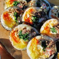 Gyori Kimbob · Seaweed roll with special seasoned riced, beef bulgogi, fish cake, imitation crab, eggs, veg...