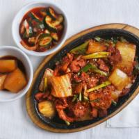 Samgyubsal Kimchi Bokkem · Spicy, Stir-Fried Marinated Pork Belly, Kimchi, Green Onion, Rice