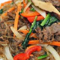 Japchae · stir fried, glass noodles, beef, and vegetables