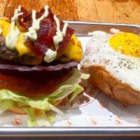 *Sunday Morning · Beef burger served on a Brioche bun w/ lettuce, tomato,  onion, American cheese bacon, sunny...