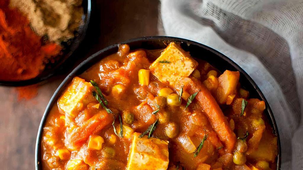 Vegetable Vindaloo · Vegan: Mixed vegies cooked in spicy tangy curry sauce. A Goan Delicacy