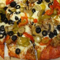 Thin Supreme · Sausage, pepperoni, sautéed onions, mushrooms, bell peppers, green olives, black olives.