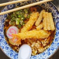Shrimp Tempura Udon · Shrimp tempura, udon noodles, fish cake & green onions.