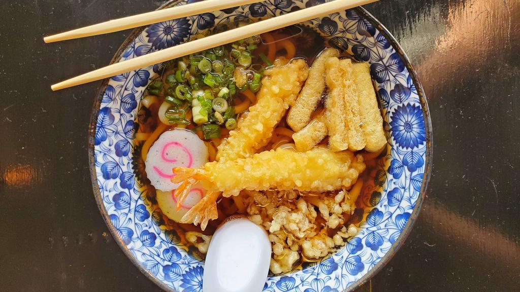 Shrimp Tempura Udon · Shrimp tempura, udon noodles, fish cake & green onions.