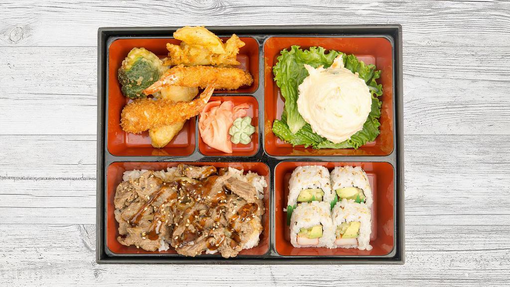Tk Box · A choice of meats, four pieces California rolls, shrimp tempura mix, and potato salad.