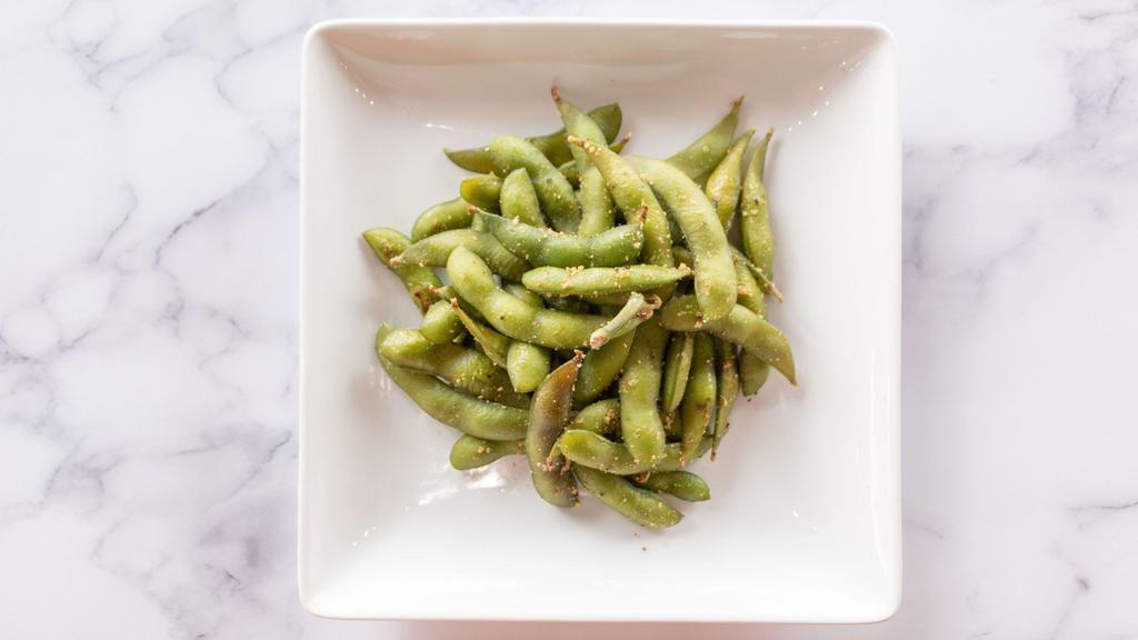 Edamame · Perfectly steamed soybean pods gently tossed with citrus seasoning blend and kosher salt.