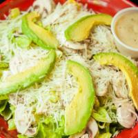 Caesar Salad · Romaine, Parmesan cheese, avocado, and mushrooms with caesar dressing on the side.