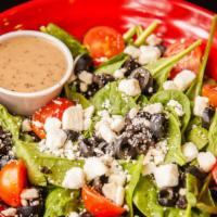 Side Salad · Baby spinach, feta cheese, cherry tomatoes, and black olives with your choice of dressing on...