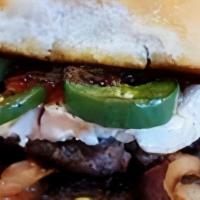 Pb&J Burger · Sourdough Bun with seasoned BEEF/TURKEY grilled Jalapeno Philly Cream Cheese Peanut butter t...