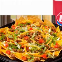 Nacho Deluxe Combo · Large platter of crisp fresh tortilla chips covered with seasoned beef, refried beans, nacho...