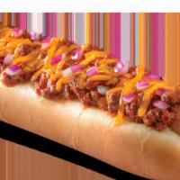 Chili Cheese Dog · Hot dog served on a hotdog bun with mustard, chili, cheddar cheese, and red onions.