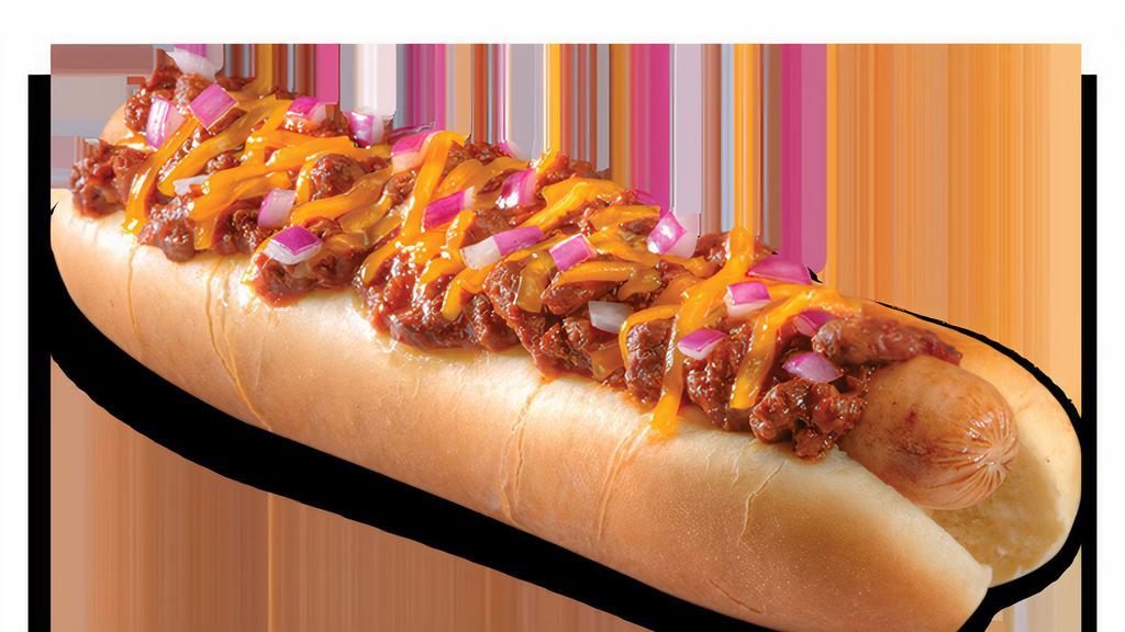 Chili Cheese Dog · Hot dog served on a hotdog bun with mustard, chili, cheddar cheese, and red onions.