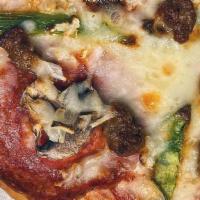 Loaded · With mozzarella cheese, pepperoni, Italian sausage, mushrooms, green bell peppers, onions an...