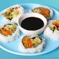 Vegetable Tempura Roll · Deep fried mixed vegetable tempura with rice wrapped in nori and topped with eel sauce.