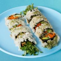 Veggie Roll · Avocado, asparagus, cucumber, lettuce, and yellow pickle with rice wrapped in nori.