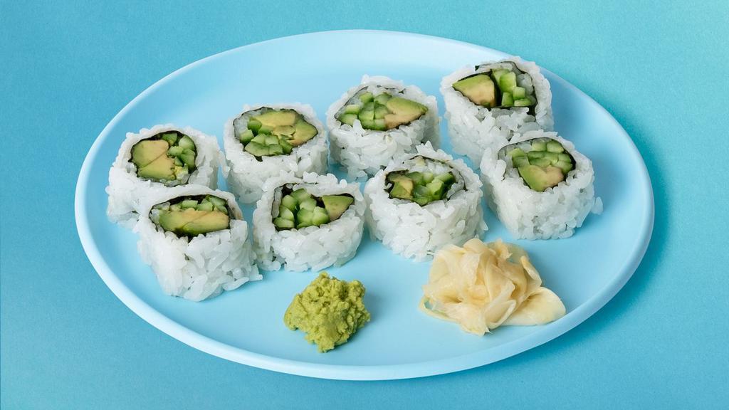 Cucumber Avocado Roll · Avocado and cucumber with rice wrapped in nori.