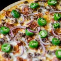 Bacon Cheeseburger Pizza · Beef, Bacon, 3 Cheese Blend, Jalepeno and Onion