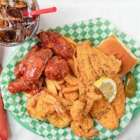 Fish & Shrimp Platter · 1 golden fried fillet of fish, 5  jumbo fried shrimp, served with 1 side, 1 drink, & up to  ...