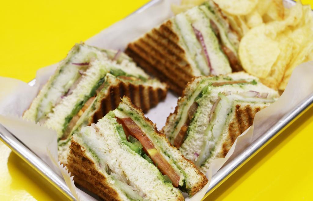 Veg Cheese Grill Sandwich · Double layered grilled cheese sandwich with veggies and chutney.