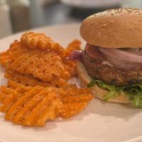 Vegetarian Burger · Soy meat, tomato, purple onion, avocado, garlic mayonnaise, and lettuce. Choice of sweet pot...