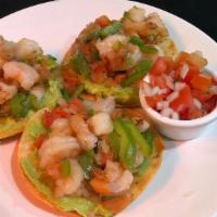 Shrimp Tostadas · 3 homemade shrimp tostadas accompanied with pico de gallo.