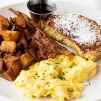 Full Federal Breakfast · scrambled eggs, bacon, creme brulee French toast, breakfast potatoes