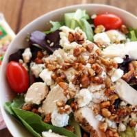 Chicken Pecan · Spring mix, chicken, pecans, bleu cheese crumbles and tomatoes.