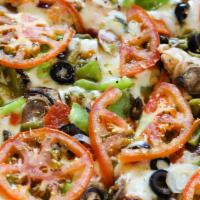 Veggie · Mushrooms, green chile, red onions, black olives, bell peppers and tomatoes.