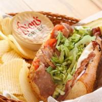 Roast Beef & Provolone · Red onions tomatoes lettuce mayo deli mustard & served with side pickle spear & homemade gre...