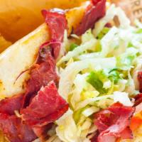 Pastrami & Provolone · Red onions tomatoes lettuce mayo deli mustard & served with side pickle spear & homemade gre...