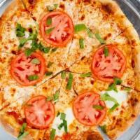Margherita Pizza · tomato ragu, fresh mozzarella and fontinella cheese, basil, fresh tomatoes, garlic, shaved p...