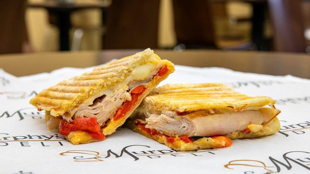 Spicy Turkey · Murphy's favorite. 659 calorie. Smoked turkey breast, roasted red peppers, crushed red peppers, chipotle mayo, Provolone cheese, and sun-dried tomato pesto.
