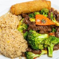 Beef Broccoli · Served with rice and eggroll.