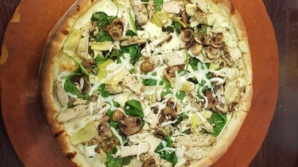 Florentine · ricotta, roasted chicken, spinach, artichoke, mushroom, mozzarella